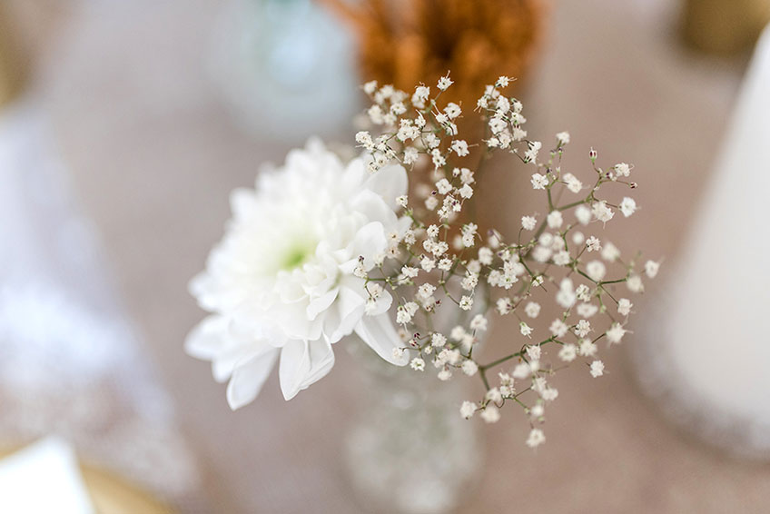 Weiße Tischblumen verleihen dem Brautparty-Dekor wundervolle Zartheit (c) Carina Plößl Fotografie 
