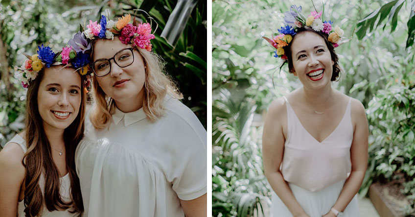 Braut und Brautjungfern mit fertigen DIY Blumenkränzen bei der Brautparty 2018.