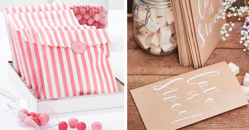 Hochzeitsgäste können sich Süßes von der Candy Bar in hübsche Candy Bags abfüllen