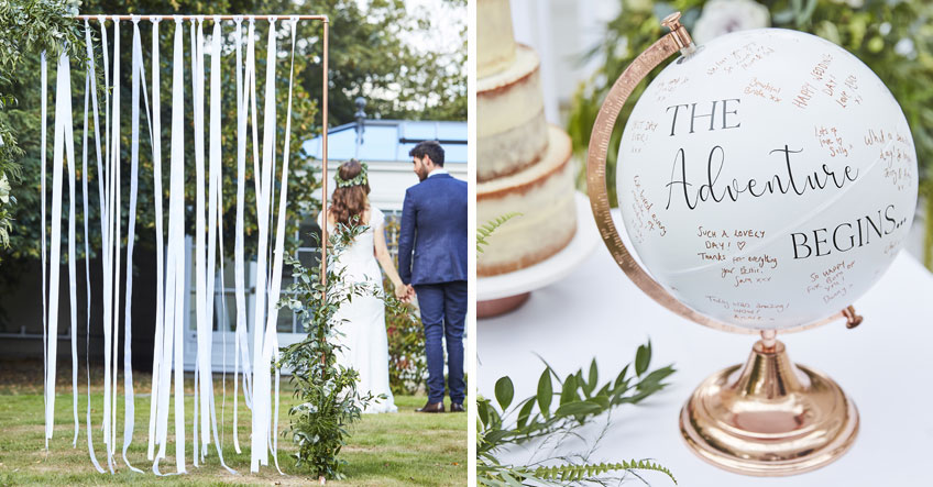 Deko für die lebensfrohe Festival-Hochzeit - Foto Backdrop und Gästebuch-Globus