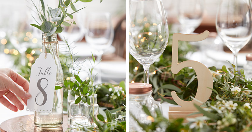 Filigrane Schriftzüge und Tischnummern aus Holz passend zur Hochzeit im Greenery Stil