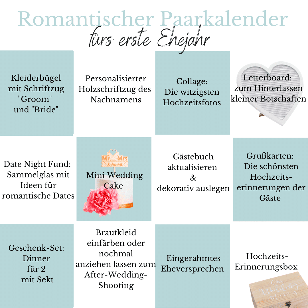 So kann dein Paarkalender fürs erste Ehejahr oder zum Hochzeitstag aussehen