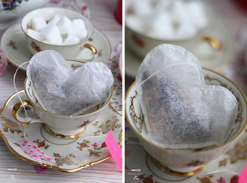 Die DIY-Teebeutel kommen richtig zur Geltung, wenn ihr den Teetisch oder Sweet Table romantisch dekoriert!
