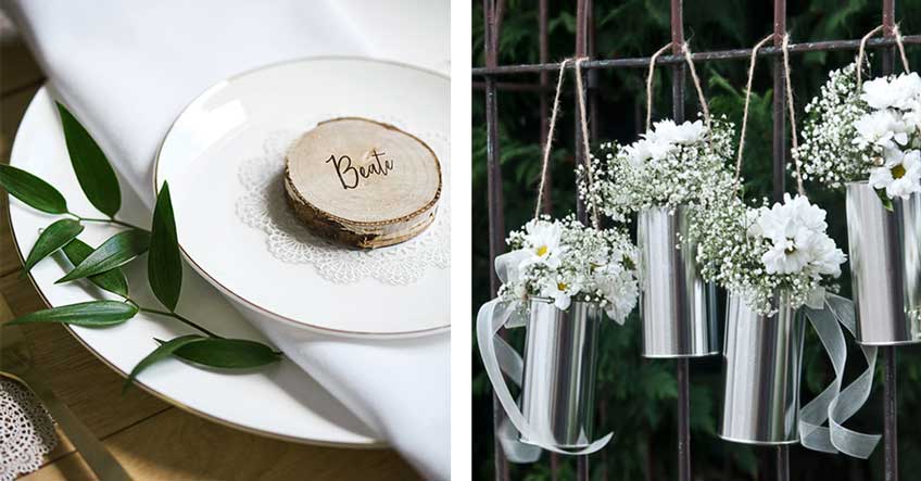 Holz, Blumen, Jute und Spitze für eine natürlich-romantische Deko auf der Silberhochzeit