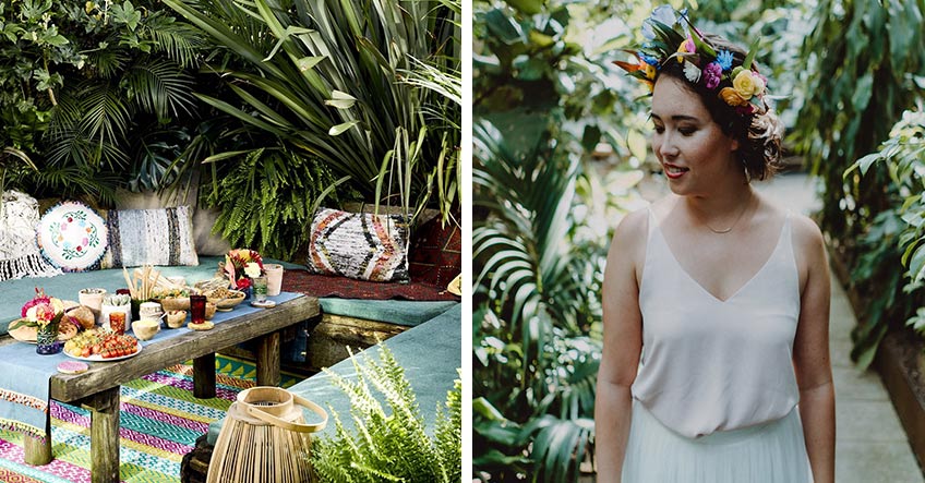 Kräftiges Grün und wunderschön bunte Farbakzente für den Tropical Wedding Look (rechts: (c) Christine Ladehoff Fotografie)