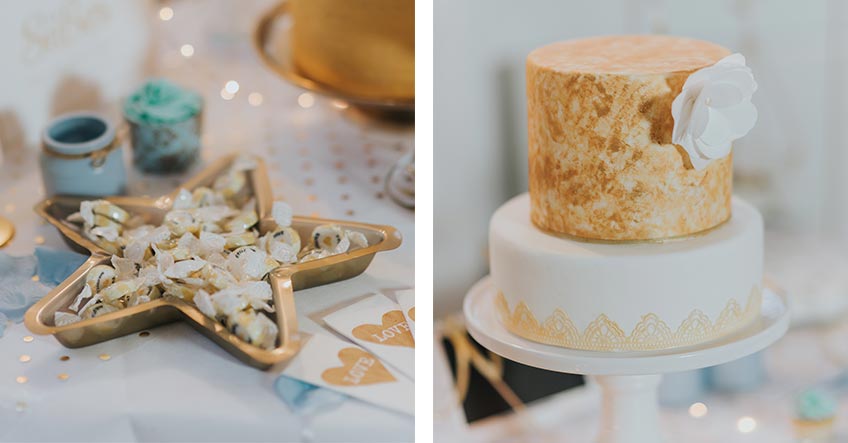 Eine goldene Hochzeitstorte bringt strahlenden Winterglanz auf den Sweet Table - genauso wie das typische Wintermotiv Stern (c) Svetlana Kohlmeier Fotografie