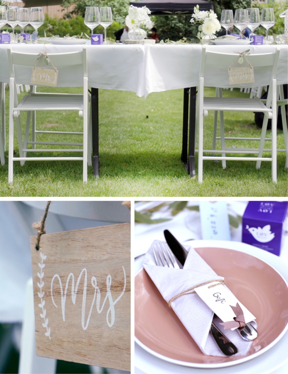 Mit Stuhlschildern, Servietten & Co. im natürlichen Boho-Stil wird der Brauttisch zur Sommeroase