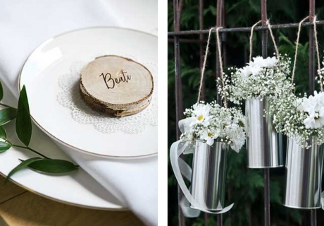 Holz, Blumen, Jute und Spitze für eine natürlich-romantische Deko auf der Silberhochzeit