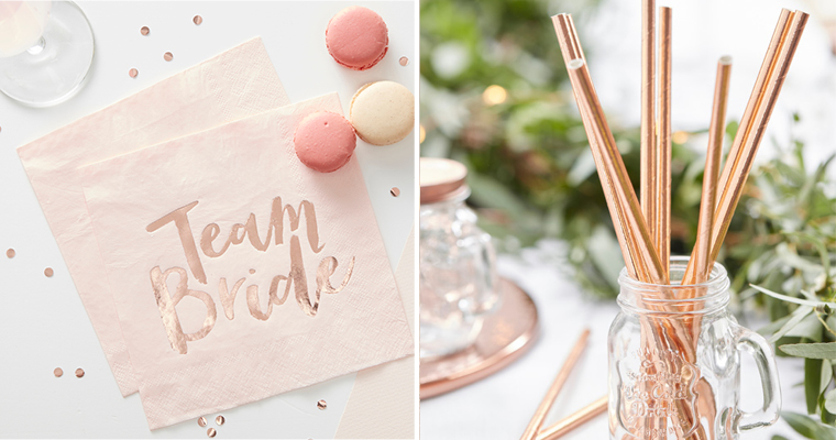 Team Bride Servietten in Blush und Rosegold und stylische Strohhalme