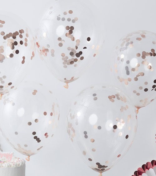 Transparente Ballons mit rosegoldenem Konfetti - 5 Stück