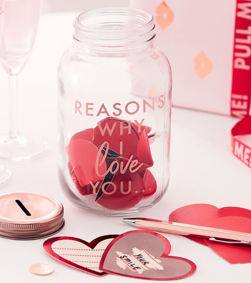 Geschenkglas "Why I Love You" mit 50 Herzen und Stickern