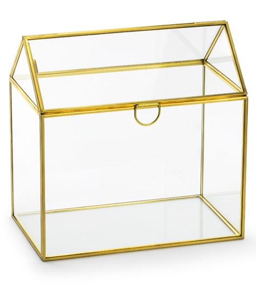 Glasbox in Hausform mit goldenen Kanten - 13 x 21 x 21 cm