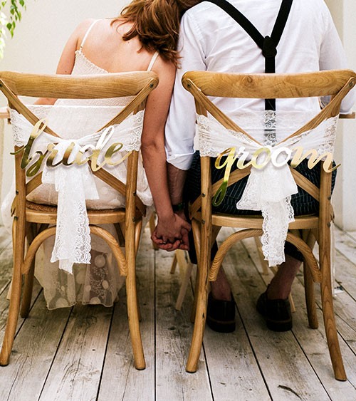 Stuhlschilder "Bride & Groom Script" - gold metallic