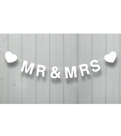 Holzgirlande "Mr & Mrs" mit Herzen - 1,2 m - weiß