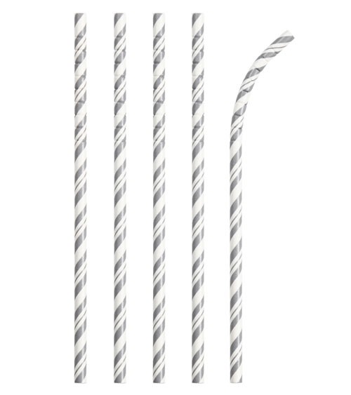 Flexible Papierstrohhalme mit Streifen - silber - 24 Stück