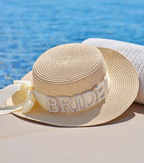 Strohhut "Bride" mit Perlen & Schleife - One Size