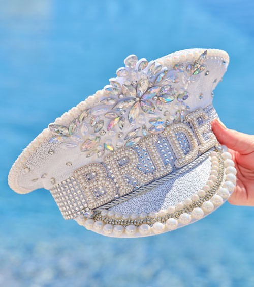 Bride-Hut mit Strass und Perlen - silber, weiß