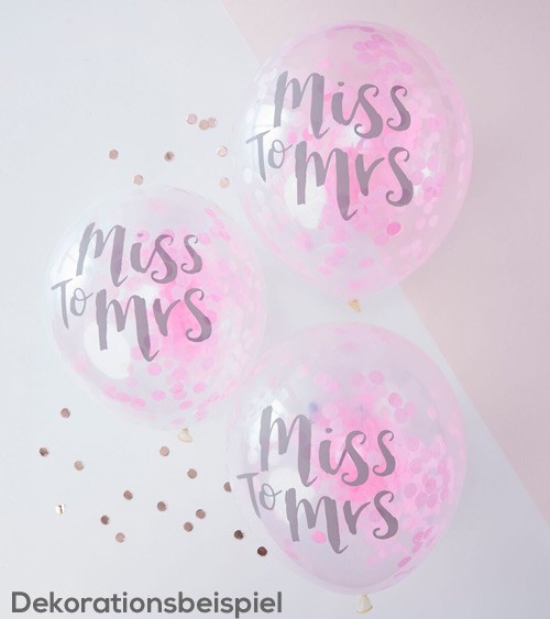 Transparente Ballons mit pinkem Konfetti "Miss to Mrs" - 5 Stück