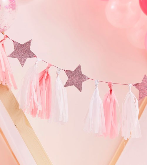 DIY Tassel-Girlande mit Glitter-Sternen - rosa, weiß - 2 m