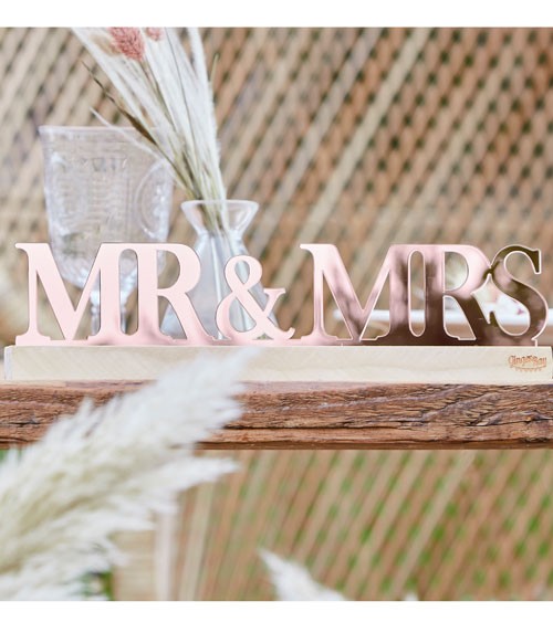 Mr & Mrs Aufsteller aus Acryl mit Holzsockel - rosegold - 30 x 7,5 cm