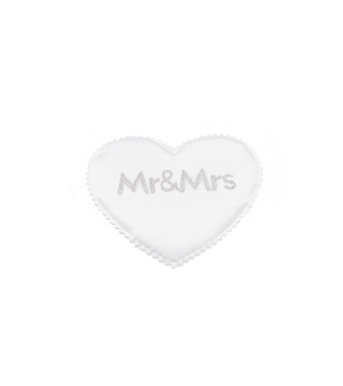 Satin-Herzen "Mr & Mrs" - weiß/silber - 5 cm - 12 Stück