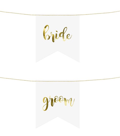 Stuhlschilder aus Papier "bride" und "groom" - weiß/gold
