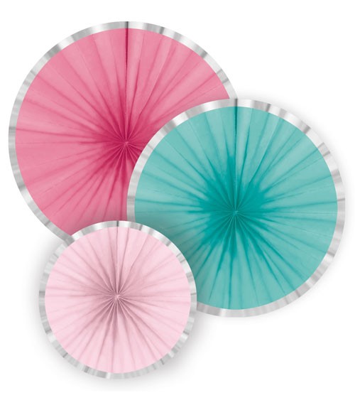 Papierfächer-Set mit Silberrand - pink/türkis/rosa - 3-teilig
