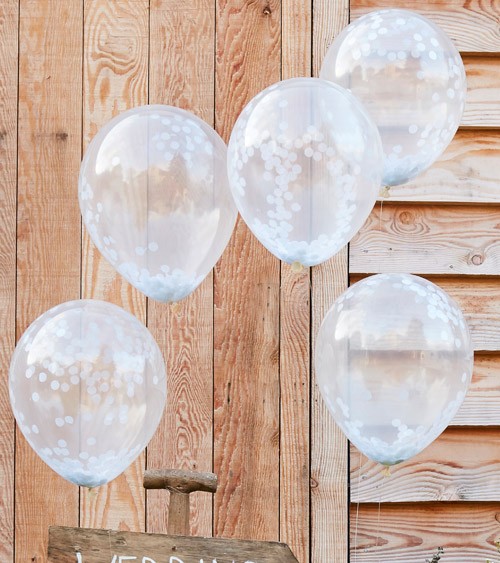 Transparente Ballons mit weißem Konfetti - 5 Stück