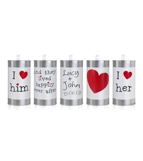 Blech-Dosen für das Hochzeitsauto "I love him & I love her" - 5-teilig