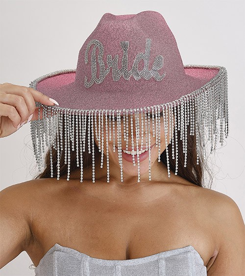Bride-Cowgirlhut mit Glitzersteinen und Quasten - rosa
