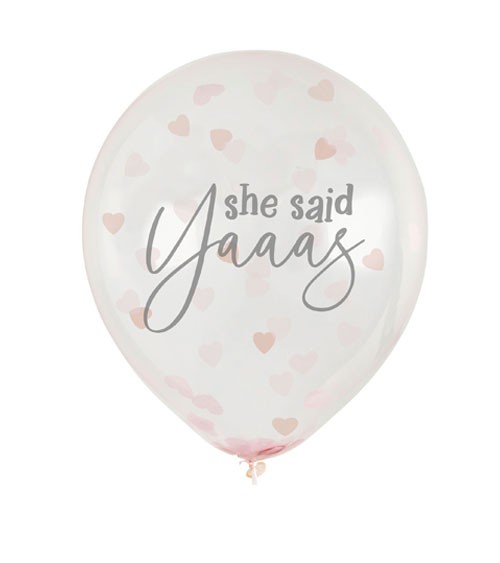 Transparente Ballons mit Herzkonfetti "She said yaaas" - 5 Stück