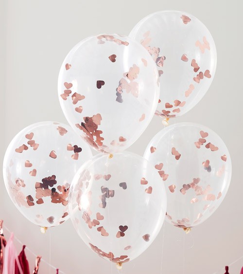 Transparente Ballons mit rosegoldenem Herz-Konfetti - 5 Stück
