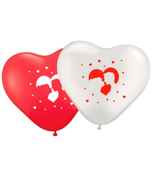 Hochzeits-Herz-Luftballon-Set mit Brautpaar - rot/weiß - 8 Stück
