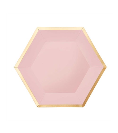 Kleine sechseckige Pappteller mit Goldrand - rosa - 10 Stück
